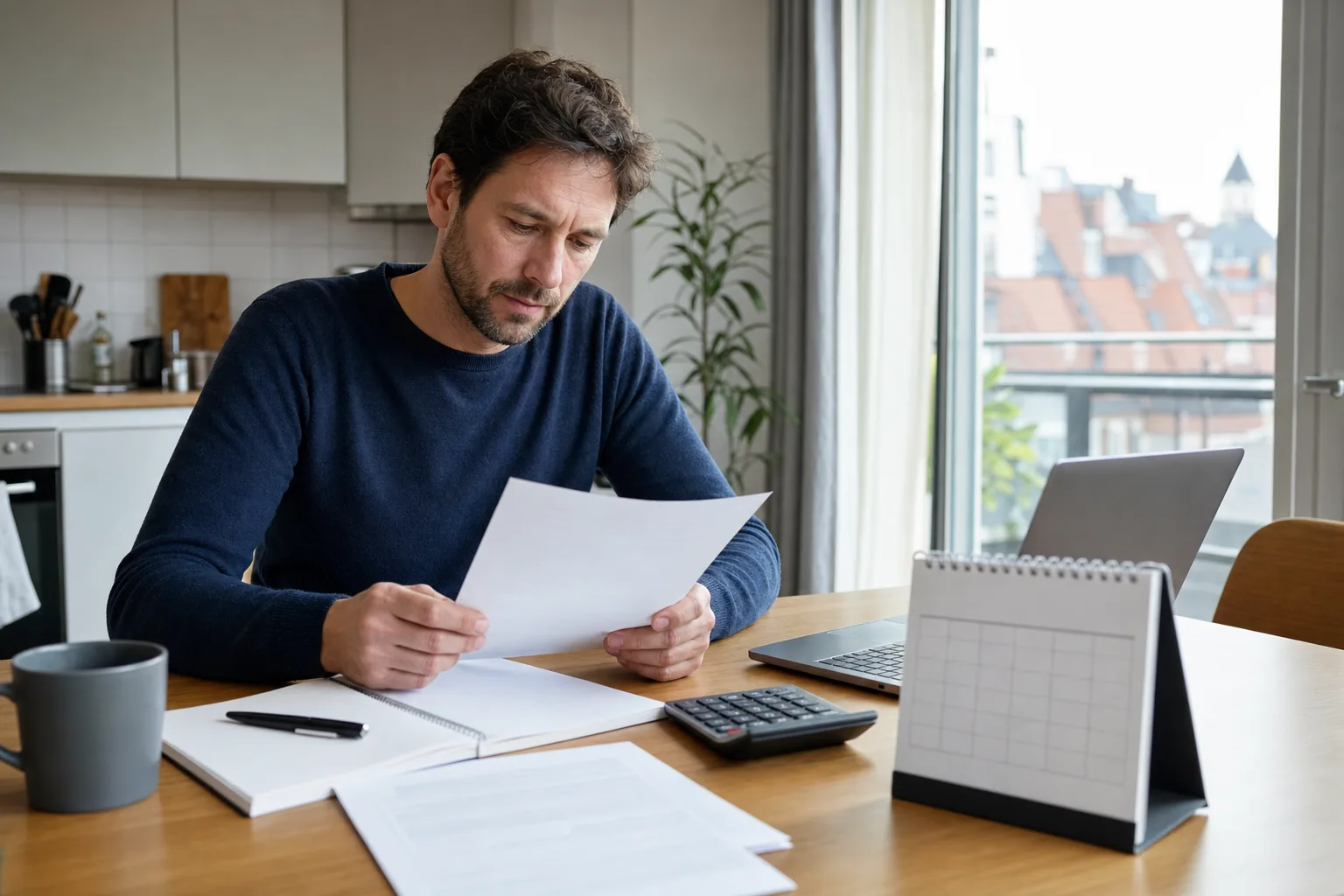 Arbeitnehmer prüft Unterlagen und plant sein Budget bei Arbeitslosigkeit