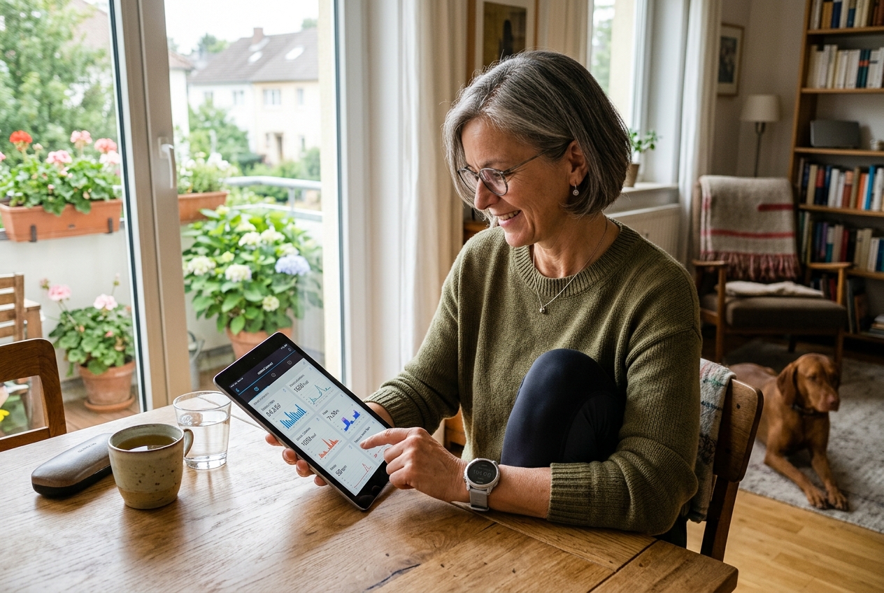 Frau ordnet Gewicht und Gesundheitswerte ein