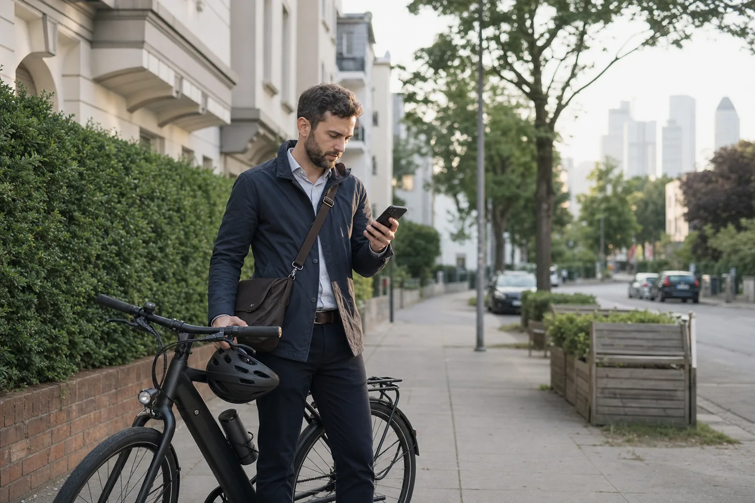 Berufspendler prüft vor der Fahrradfahrt seine Route