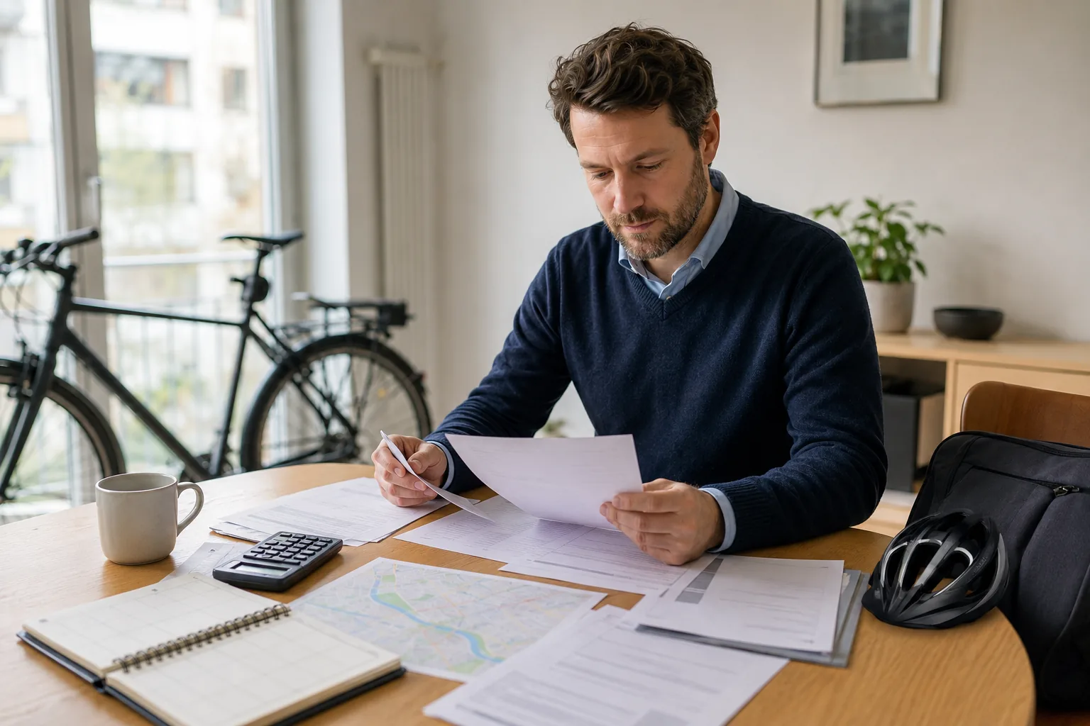 Radpendler prüft Arbeitskalender und Steuerunterlagen