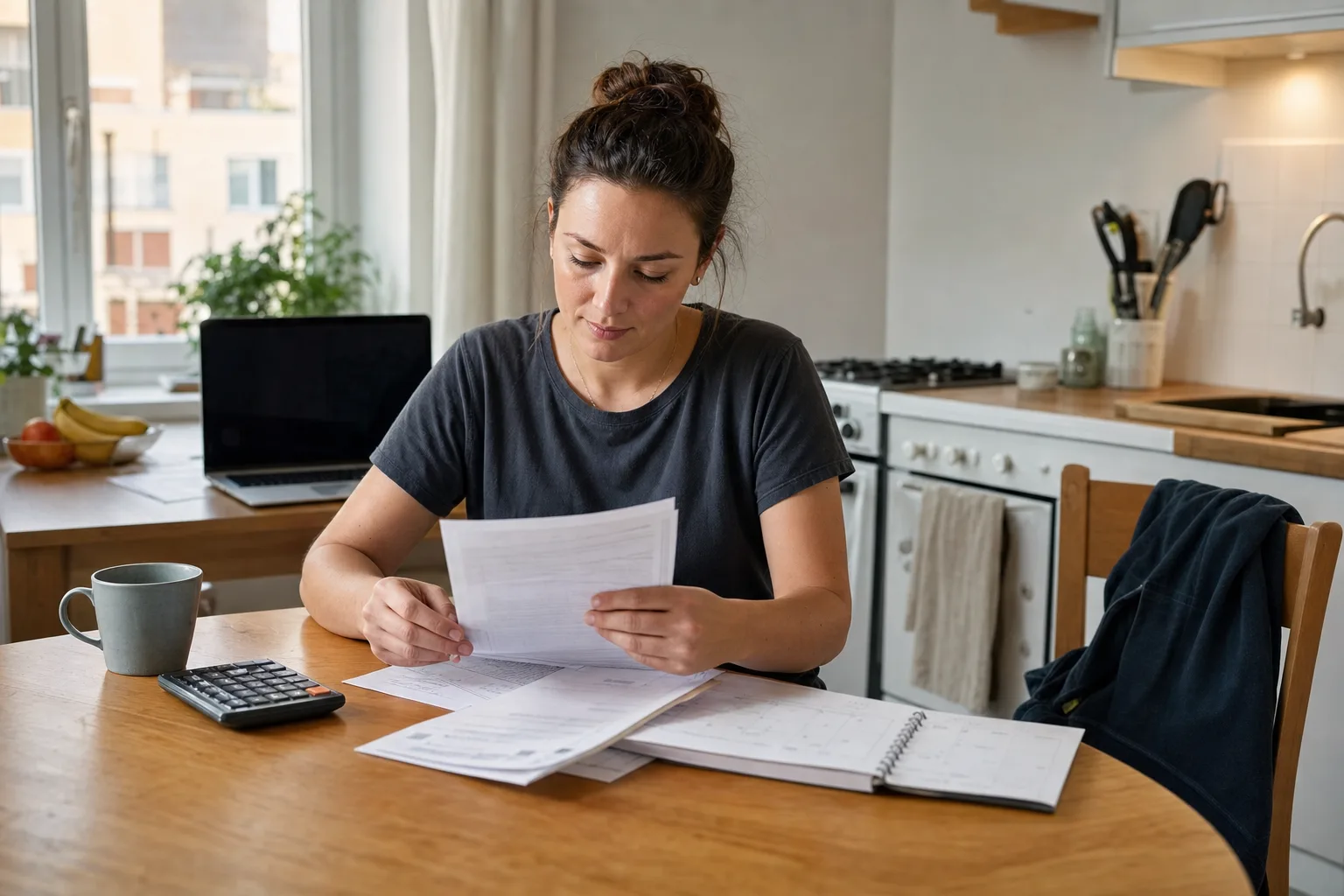 Teilzeitbeschäftigte prüft Gehaltsabrechnung und Arbeitszeiten ihres Midijobs